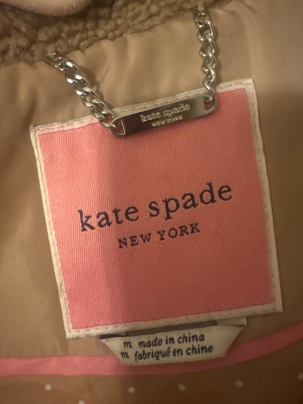 Kate Spade Camel Down Puffer Coat M Faux Fur Teddy Sherpa Hooded LIKE NEW - Picture 3 of 5